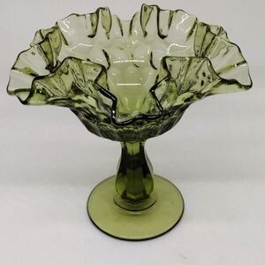 Vintage Fenton Colonial‎ Green Thumbprint Ruffled Crimped Edged Compote